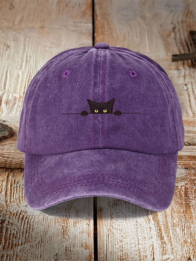 Comstylish Japanese Art Black Cat Print Washed Hat