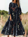 Women's Floral Art Print Flowy Cotton Crew Neck Dress