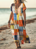 Women's Retro Geometric Patchwork Art Print Sleeveless V-Neck Pocket C