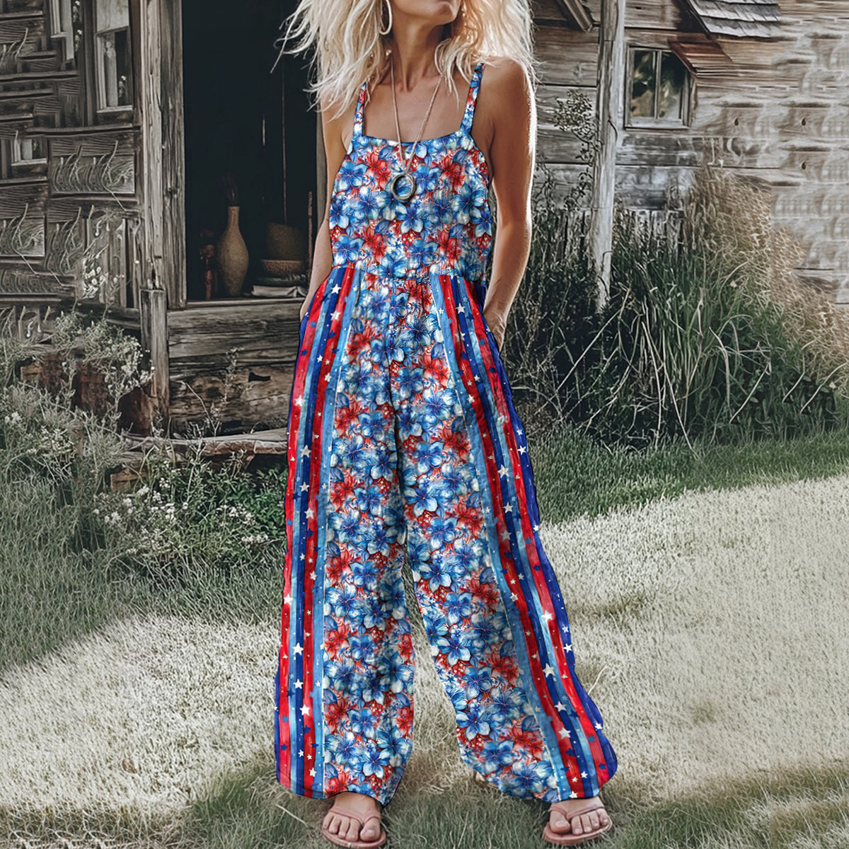 Women's Vintage Independence Day Floral Patch Jumpsuit artswardrobe