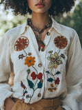 Vintage Floral Embroidered Linen Blend Blouse artswardrobe