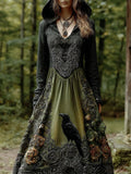 Comstylish Halloween Crow & Vintage Rose Dark Art Women's Long-sleeve Hooded Maxi Dress