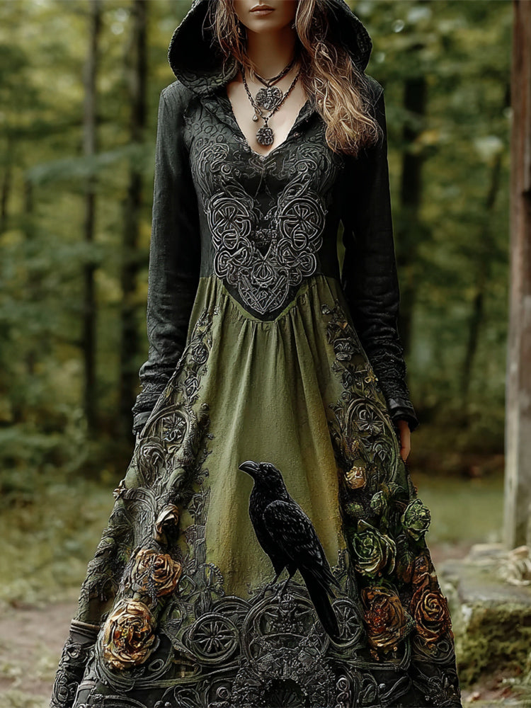 Comstylish Halloween Crow & Vintage Rose Dark Art Women's Long-sleeve Hooded Maxi Dress