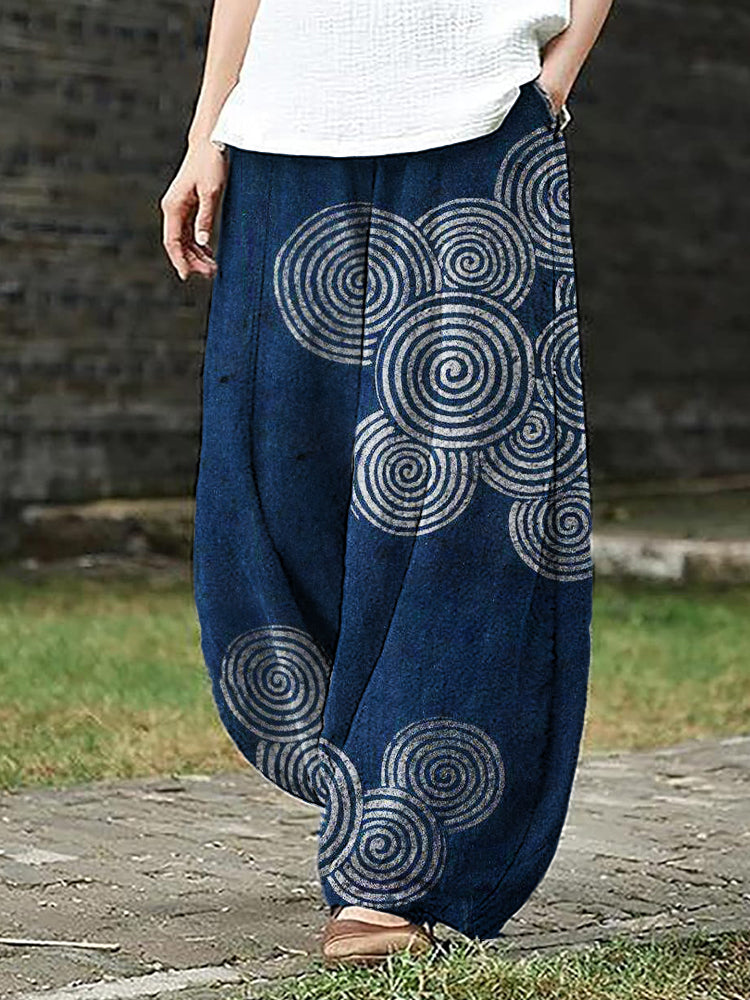 Comstylish Sea Waves Ripples Japanese Lino Art Flowy Wide Leg Pants