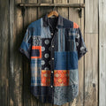 Men's Retro Floral Geometry Patchwork Art Linen Casual Shirt artswardrobe