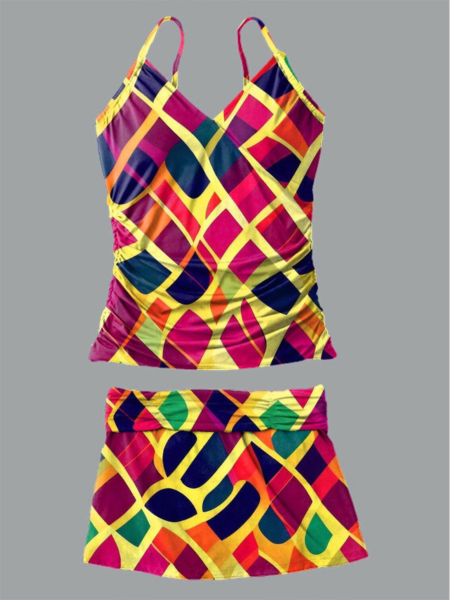 Women's Geometric Art V-Neck Print Suspender Skirt Tankini Pantskirt Set Swimsuit