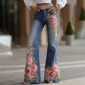 Women's Vintage Rose Floral Embroidery Art Loose Casual Jeans artswardrobe