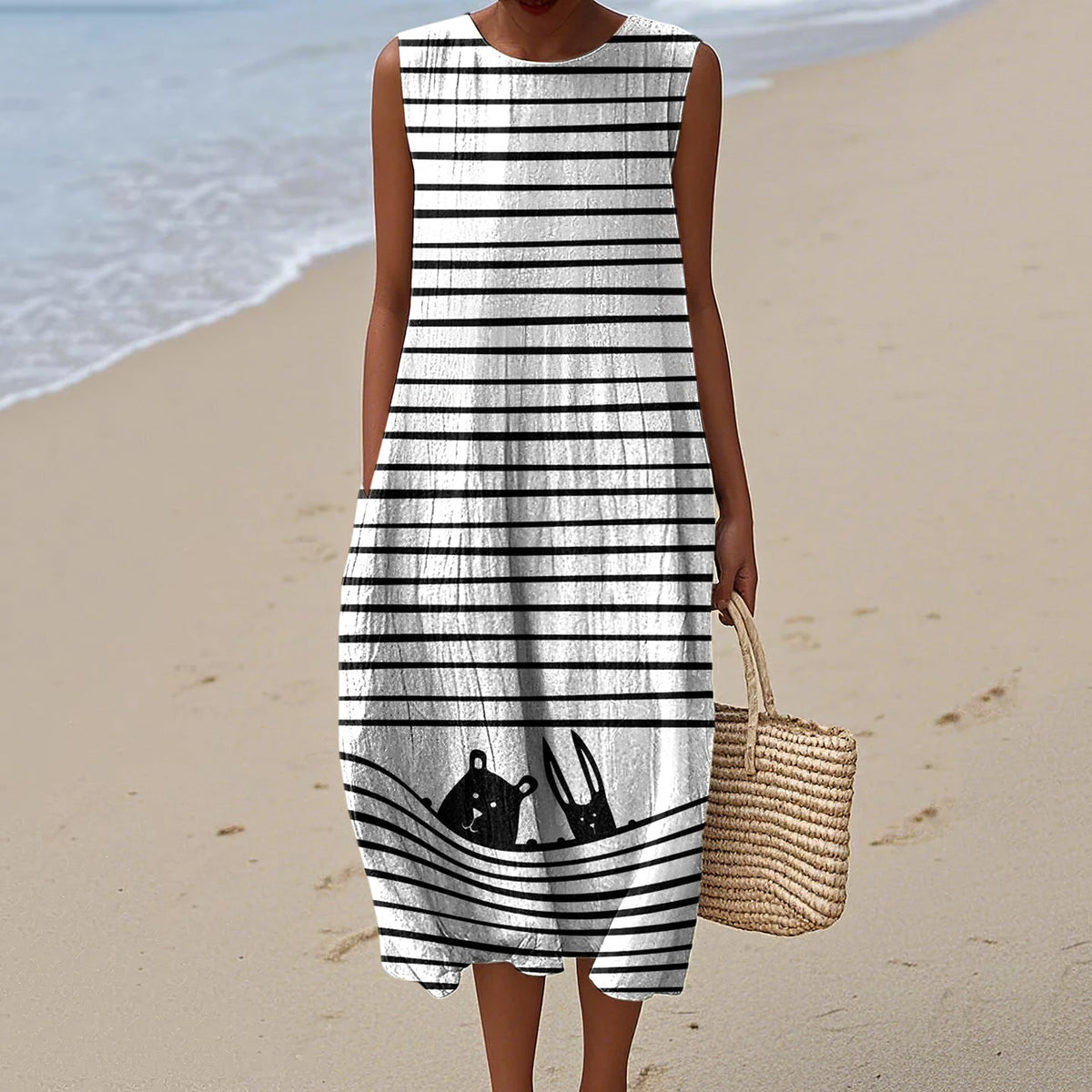 Women's Cute Dogs Stripes Art Print Sleeveless Dress artswardrobe