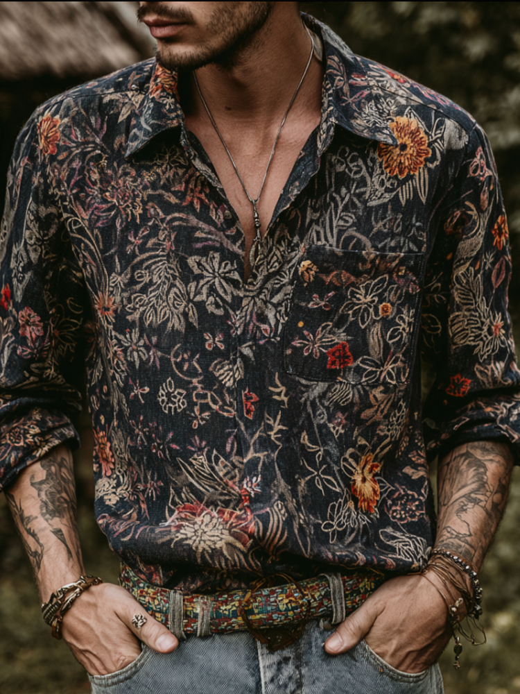 Western Style Bohemian Plant Flower Pattern Color Block Patchwork Retro Cotton And Linen Men's Shirt artswardrobe