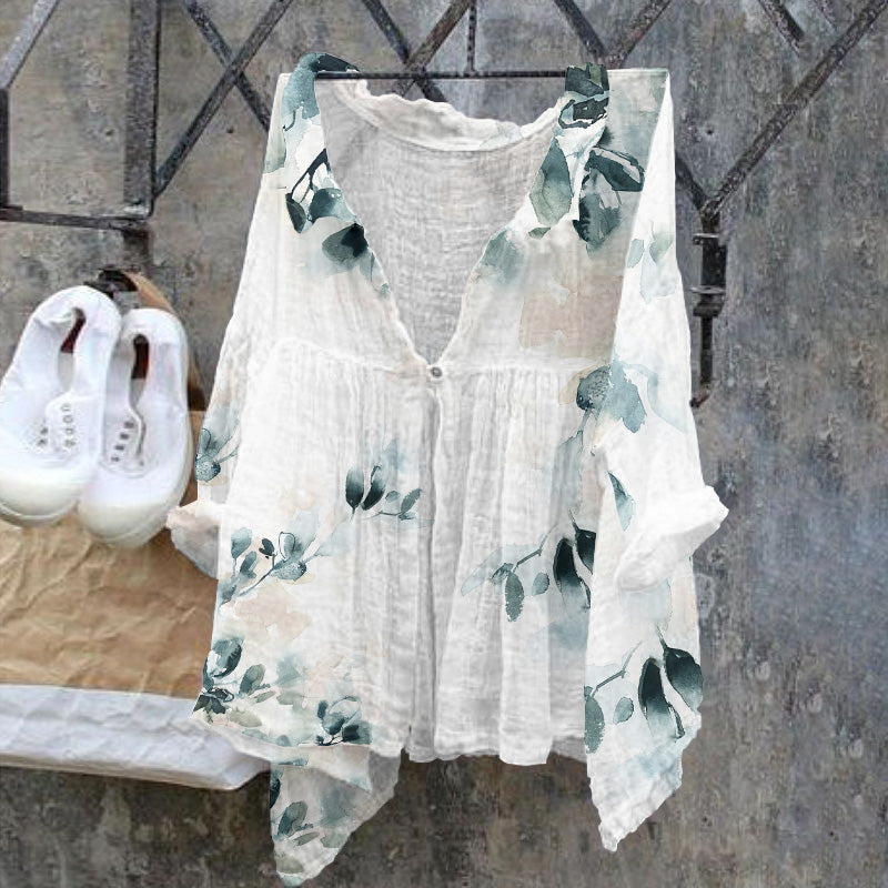 Comstylish Retro Floral Print Artistic Linen Blend Cozy Shirt