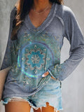 Women's Casual Vintage Ethnic Floral Art Print V Neck Long Sleeve Tops