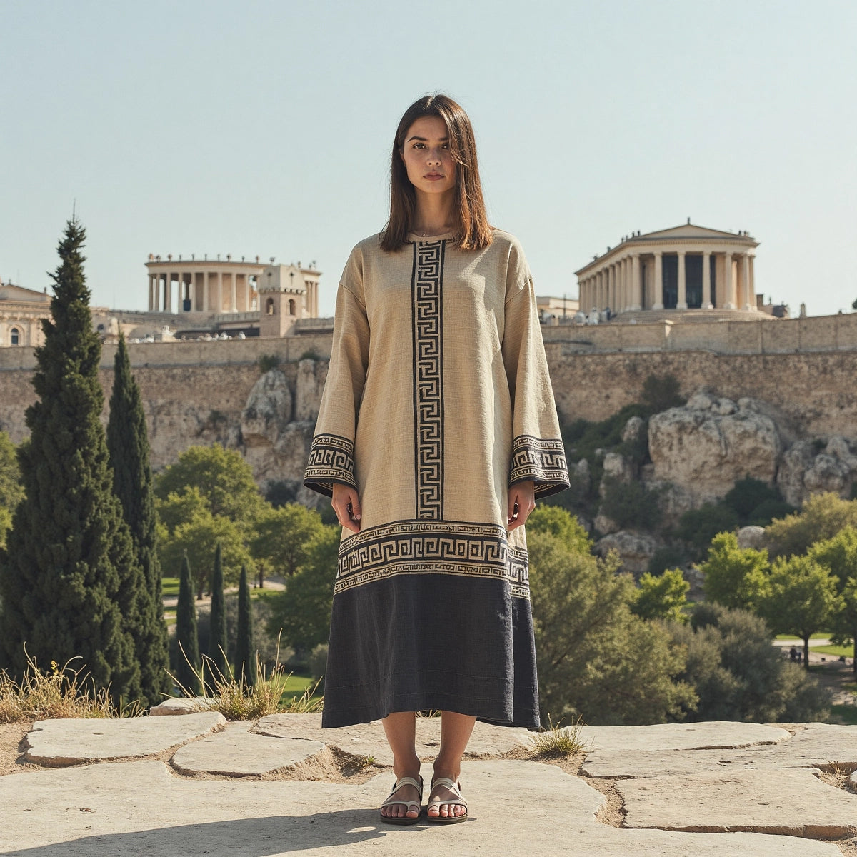 Retro Classic Greek Ethnic Graphics Crew Neck Linen Blend Maxi Dress artswardrobe