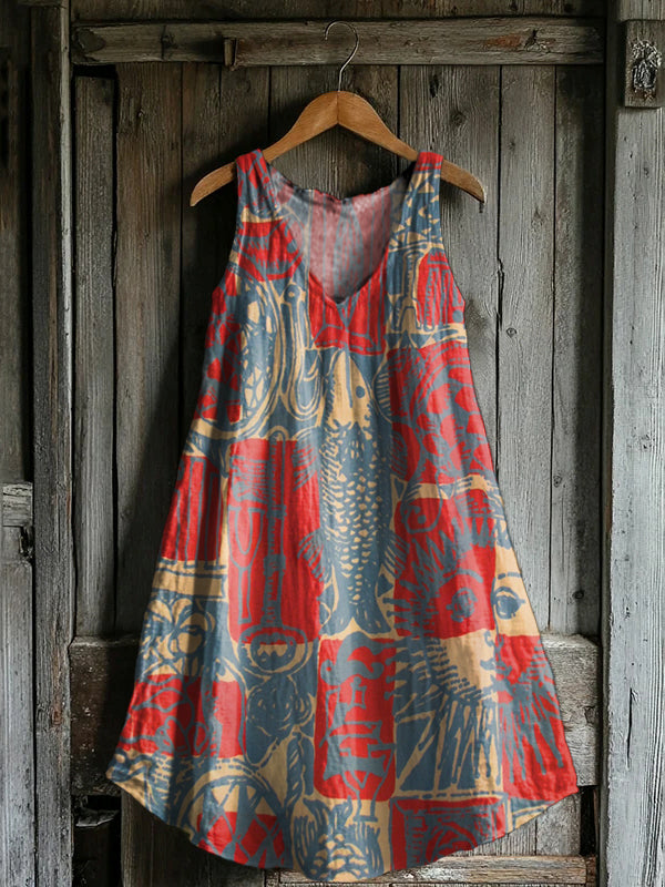 Women's Bohemian Ethnic Collage Art Print V-neck Pocket Cotton Dress
