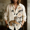 Men's Froal With Tiger Embroidery Painting Art Linen Shirt elevenforest