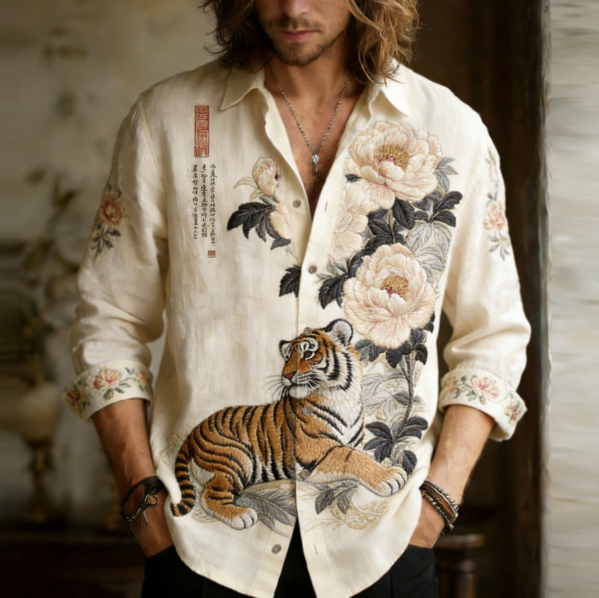 Men's Froal With Tiger Embroidery Painting Art Linen Shirt elevenforest