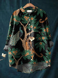 Vintage Ethnic Lovely Animals Floral Art Print Casual Cotton And Linen Shirt