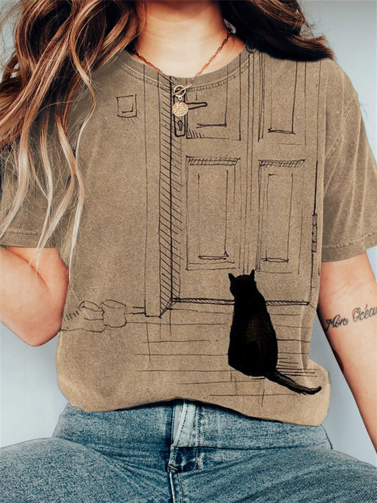 Comstylish Black Cat Waiting Art Vintage T Shirt