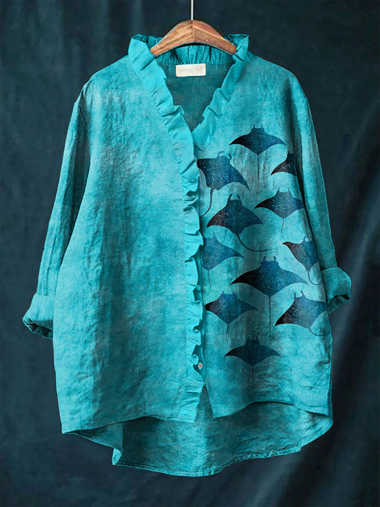 Manta Rays Art Print Ruffled Linen Shirt artswardrobe
