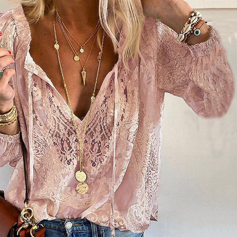 Comstylish Boho Lace Hollow Out V Neck Long Sleeve Top