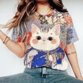 Cute Cat In Kimono Floral T-shirt elevenforest