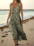Women's Vintage Botanical Art Print Pocket V Neck Cotton Dress