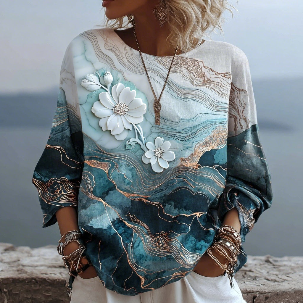 Vintage Gradient Marble Texture Pattern Art Linen Three-quarter Sleeves Shirts artswardrobe