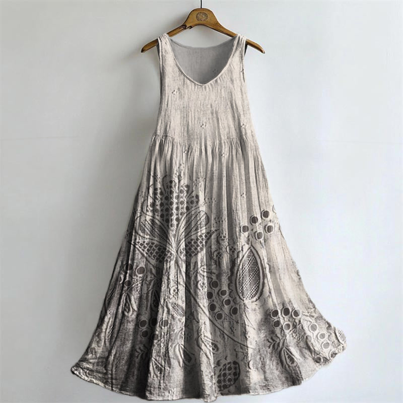 Women's Floral Art Print V-Neck Pocket Cotton Dress