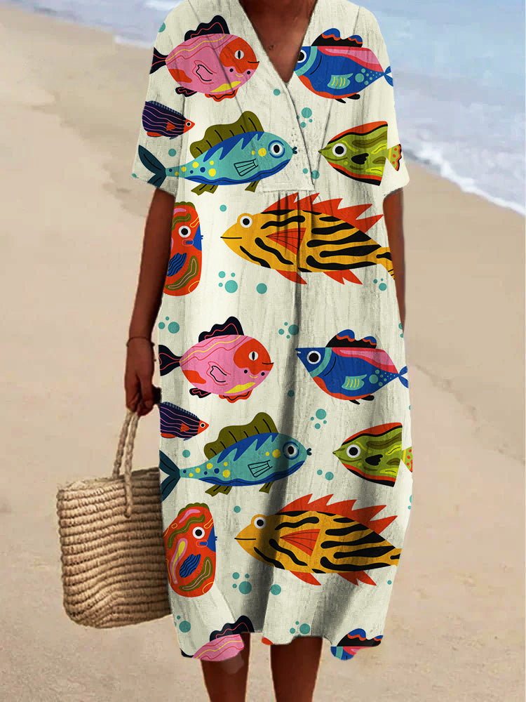 Cartoon Sea Life Fish Printed Women's Casual Cotton And Linen