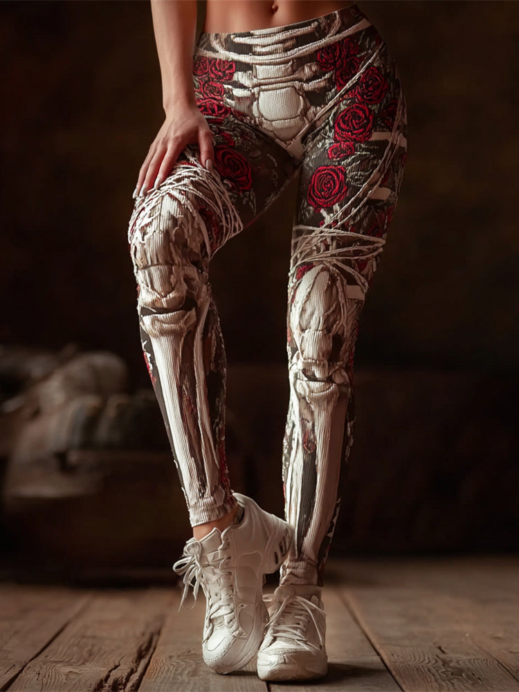Comstylish Halloween Thigh Bone Frame & Floral Art Women's Knit Leggings