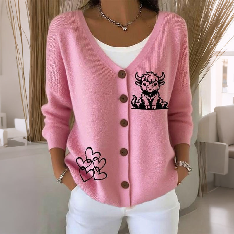 Women's Highland Cow Print V-neck Knit Cardigan artswardrobe