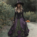 Comstylish Halloween Vintage Roses Lace Fiber Art Witch Linen Maxi Dress
