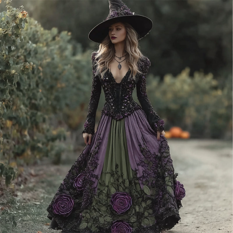 Comstylish Halloween Vintage Roses Lace Fiber Art Witch Linen Maxi Dress