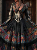 Comstylish Day Of The Dead Skeleton Floral Embroidered Linen Maxi Dress