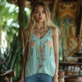 Women's Retro Floral Embroidery Art Tank Top artswardrobe