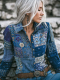Boho Floral Geometric Thread Patchwork Embroidered Women's Vintage Linen Shirt elevenforest