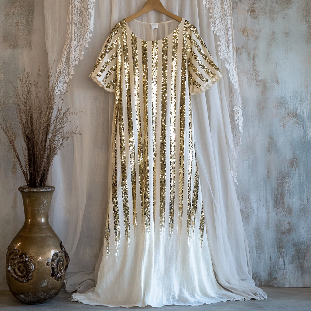 Women's Gold Sequin Striped Casual Linen Dress artswardrobe