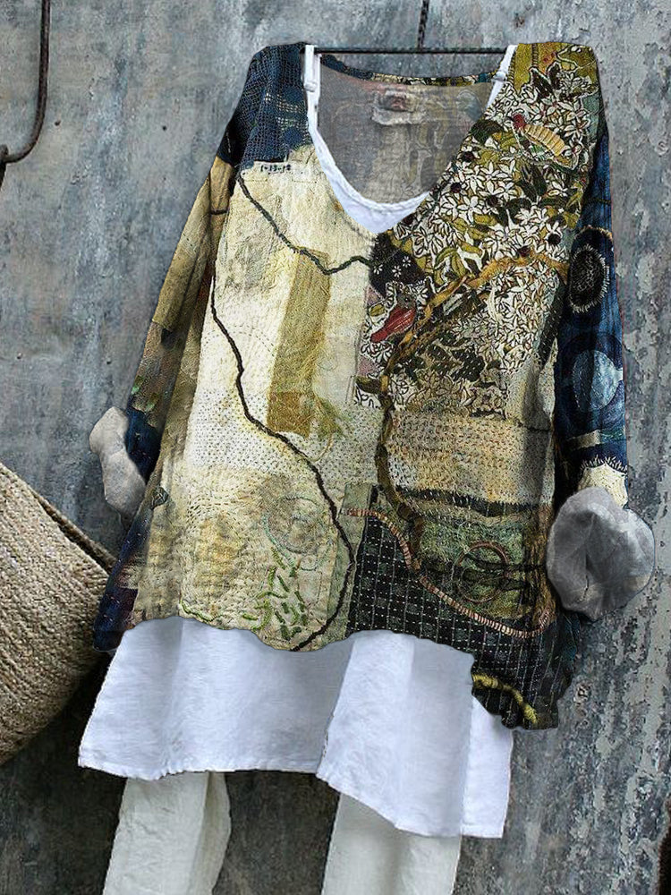 Vintage Japanese Thread Stitching Pattern Women's Linen Shirt artswardrobe