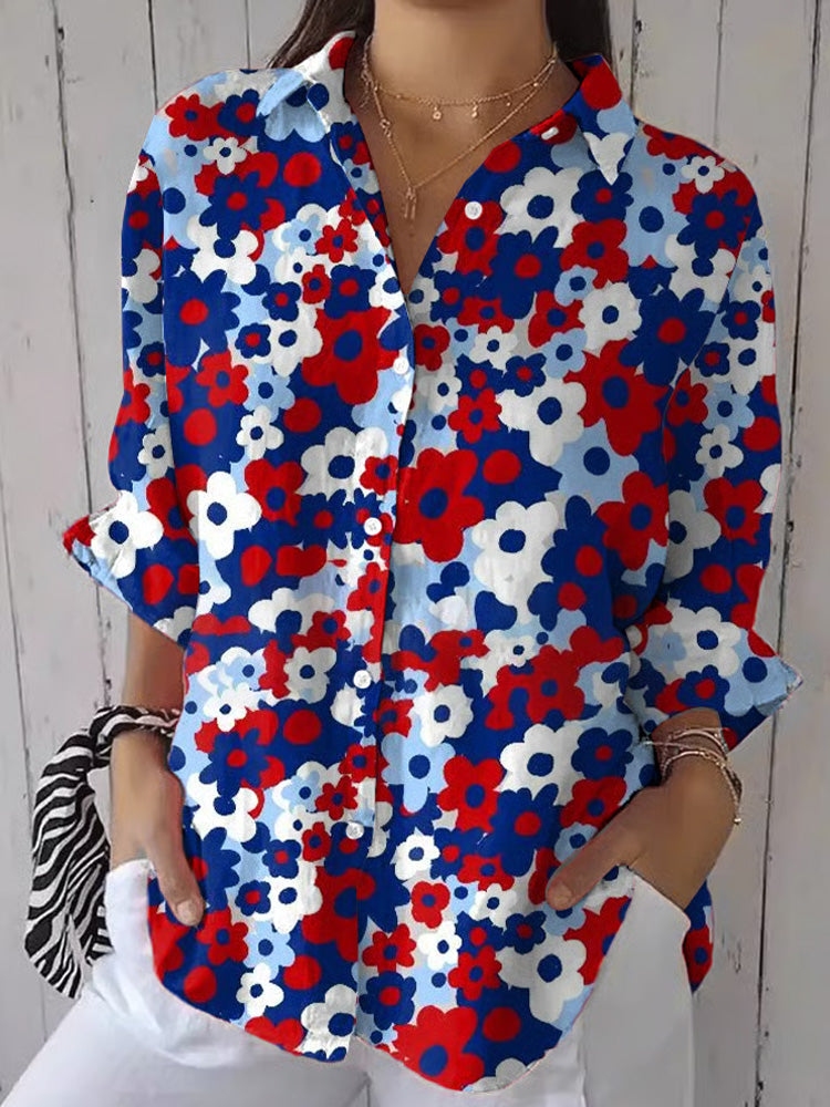 Comstylish Women's Retro Independence Day Floral Art Print Casual Shirt