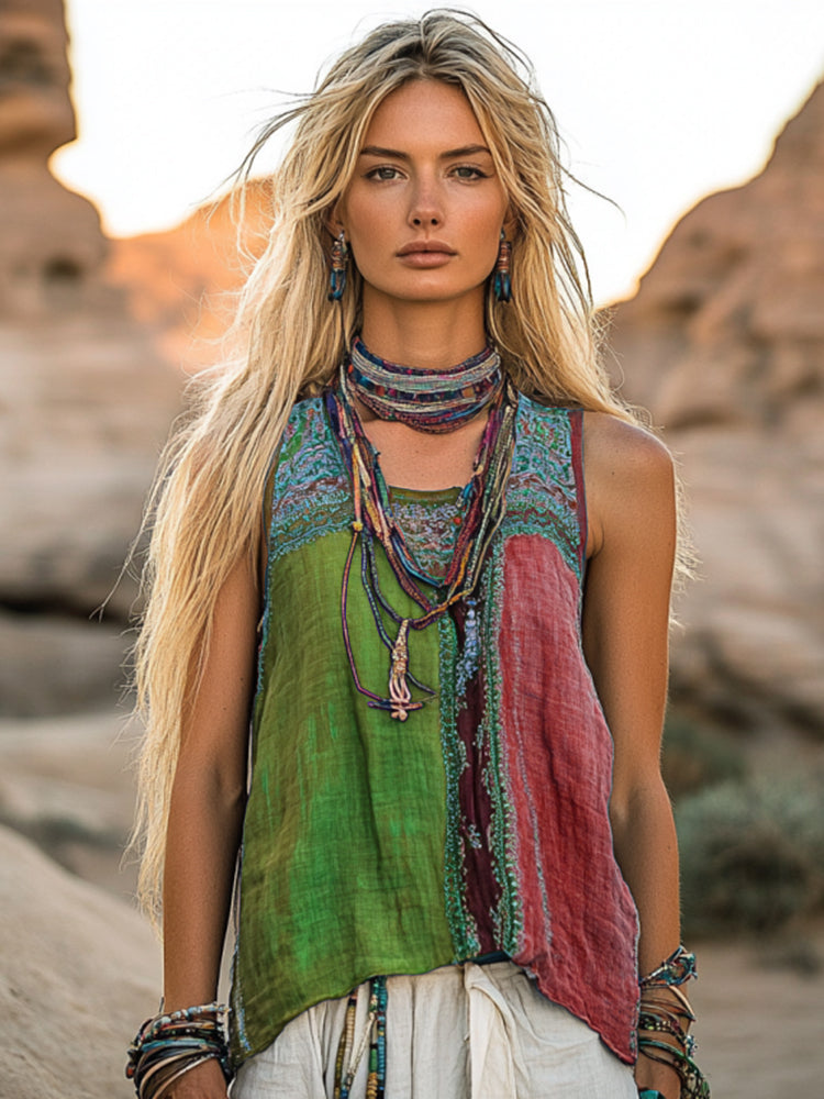 Women's Bohemia Ethnic Patchwork Style Linen Sleeveless Top artswardrobe