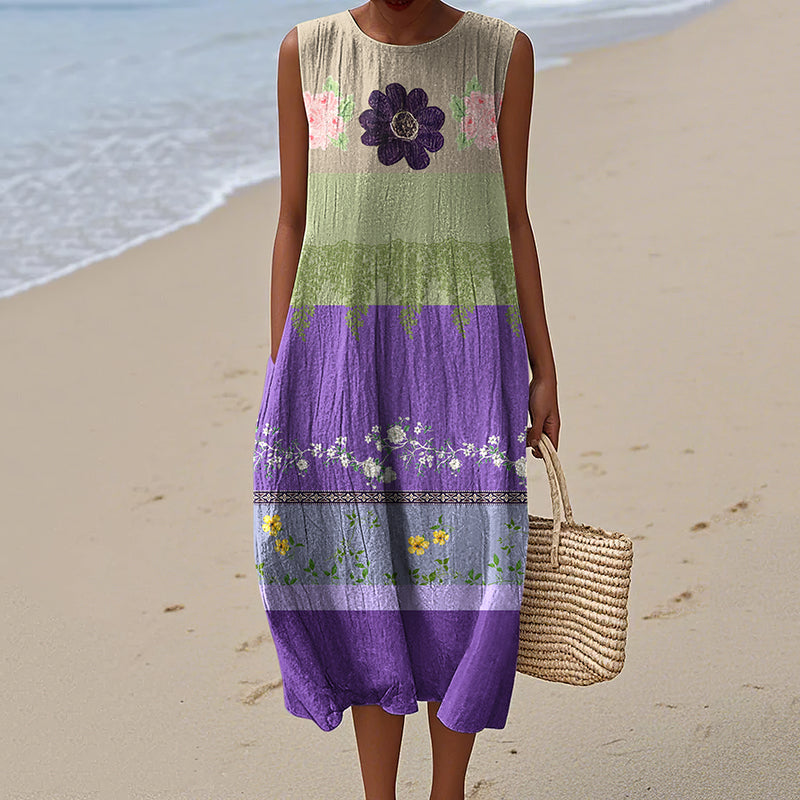 Women's Vintage Floral Art Pattern Print Sleeveless Cotton Wrap Dress artswardrobe