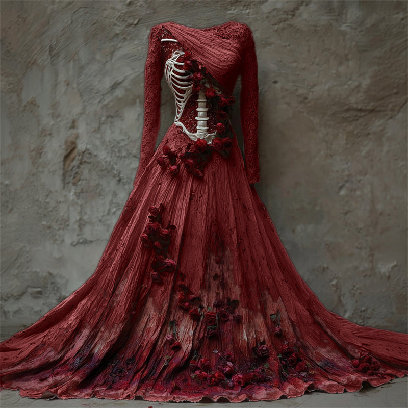 Comstylish Halloween Bloody Red Roses Skeleton Lace Linen Maxi Dress