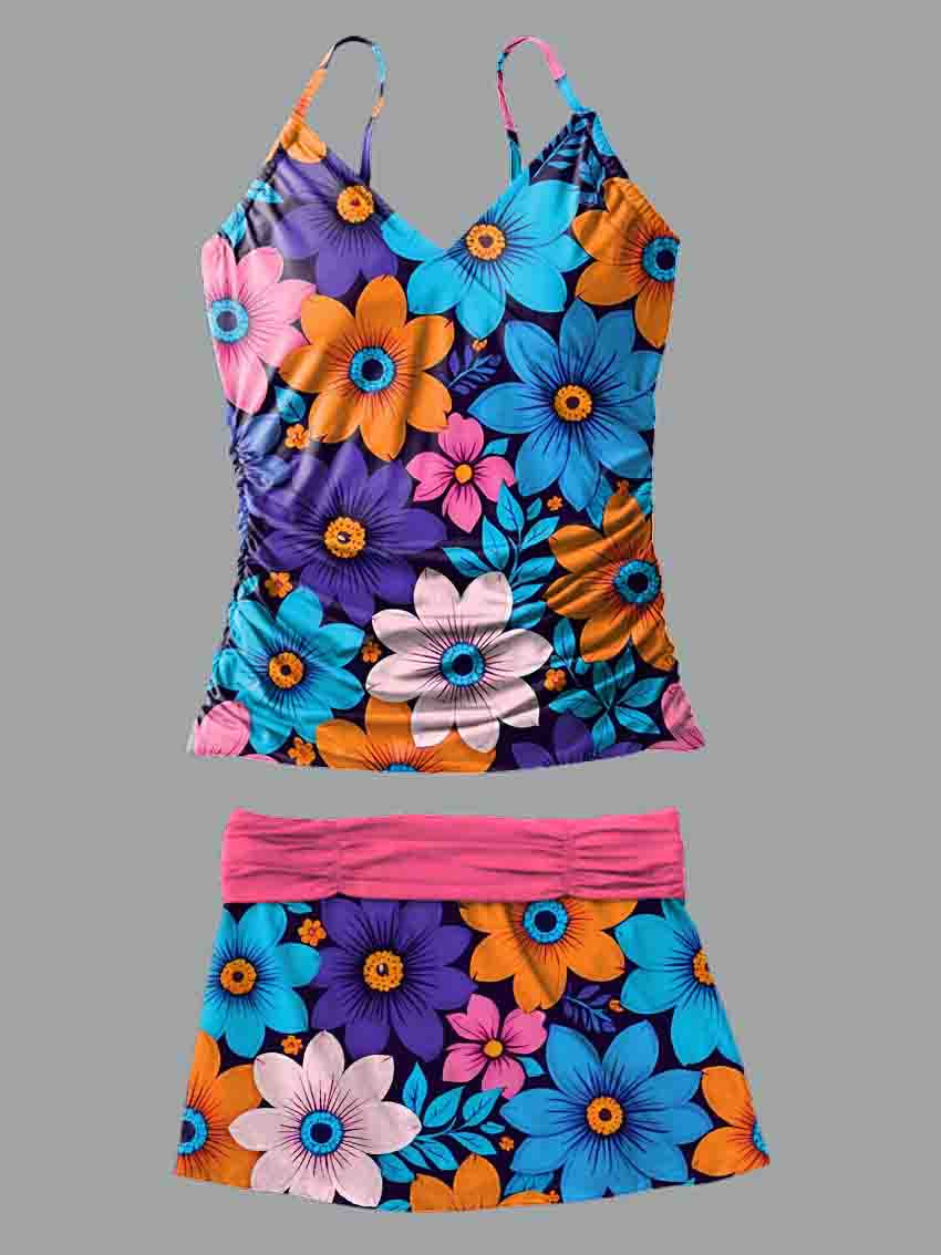 V-Neck Vintage Colorful Flowers Print Suspender Skirt Tankini Pantskirt Set Swimsuit