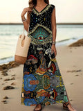 Women's Eye Mushroom Art Print V-Neck Sleeveless Cotton Pocket Dress