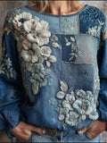 Comstylish Vintage Floral Embroidered Colorblock Patchwork Linen Tunic