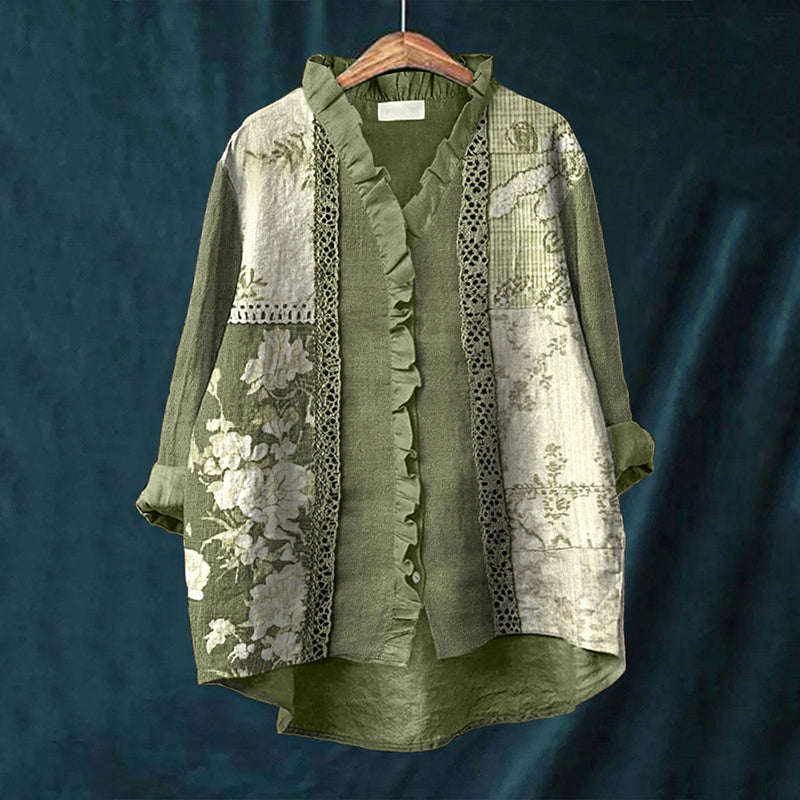 Comstylish Floral Pattern Lace Patchwork Linen Ruffle Shirt