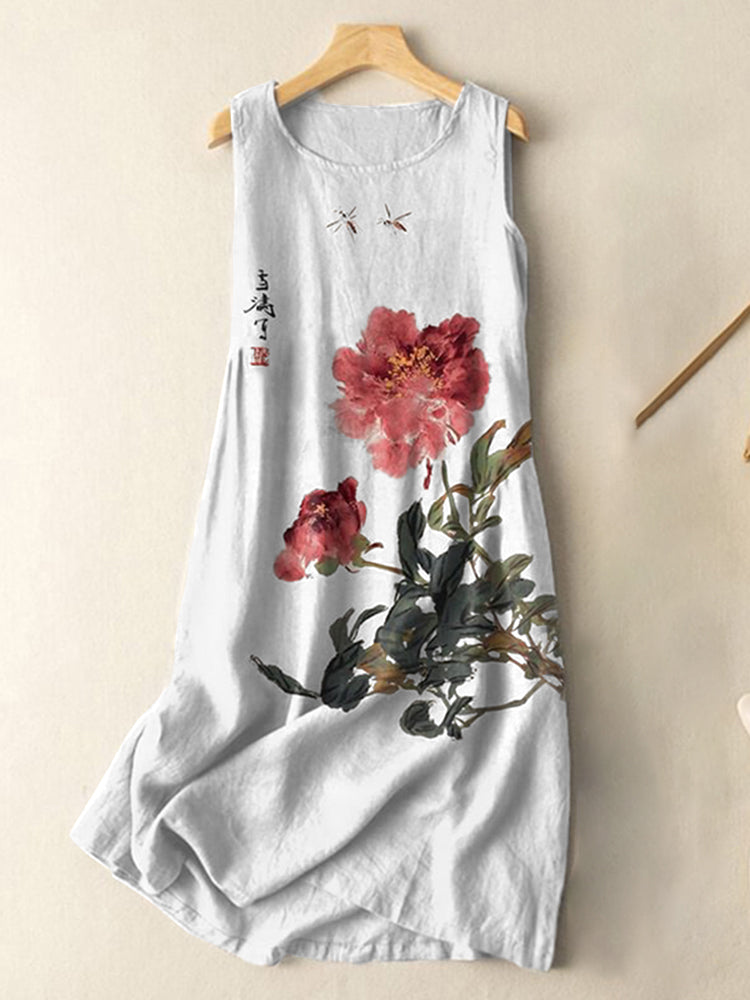 Comstylish Vintage Japanese Ink Flower Calligraphy Art Print Sleeveless Cotton And Linen Midi Dress