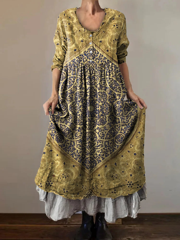 Women's Ethnic Tattoo Art Print V-Neck Button Pocket Cotton Dress