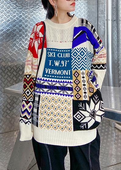 Aesthetic Beige Colorblock Sweater Blouse O Neck Winter Sweaters