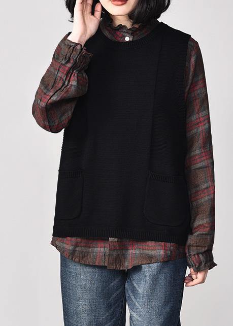 Aesthetic Black Sweater Coat Plussize Sleeveless Knit Sweat Tops O Neck