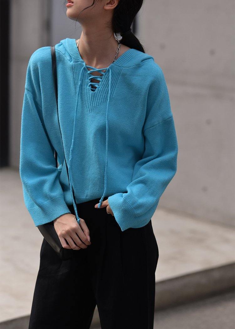 Aesthetic Blue Sweater Blouse Hooded Drawstring Knitwear